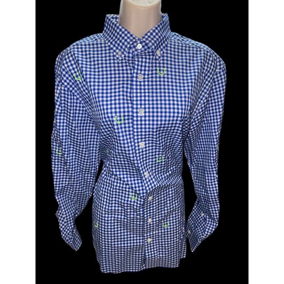 Vineyard Vines Mens MD Kentucky Derby‎ Keeneland Blue Gingham Horseshoe Logo - Picture 1 of 9